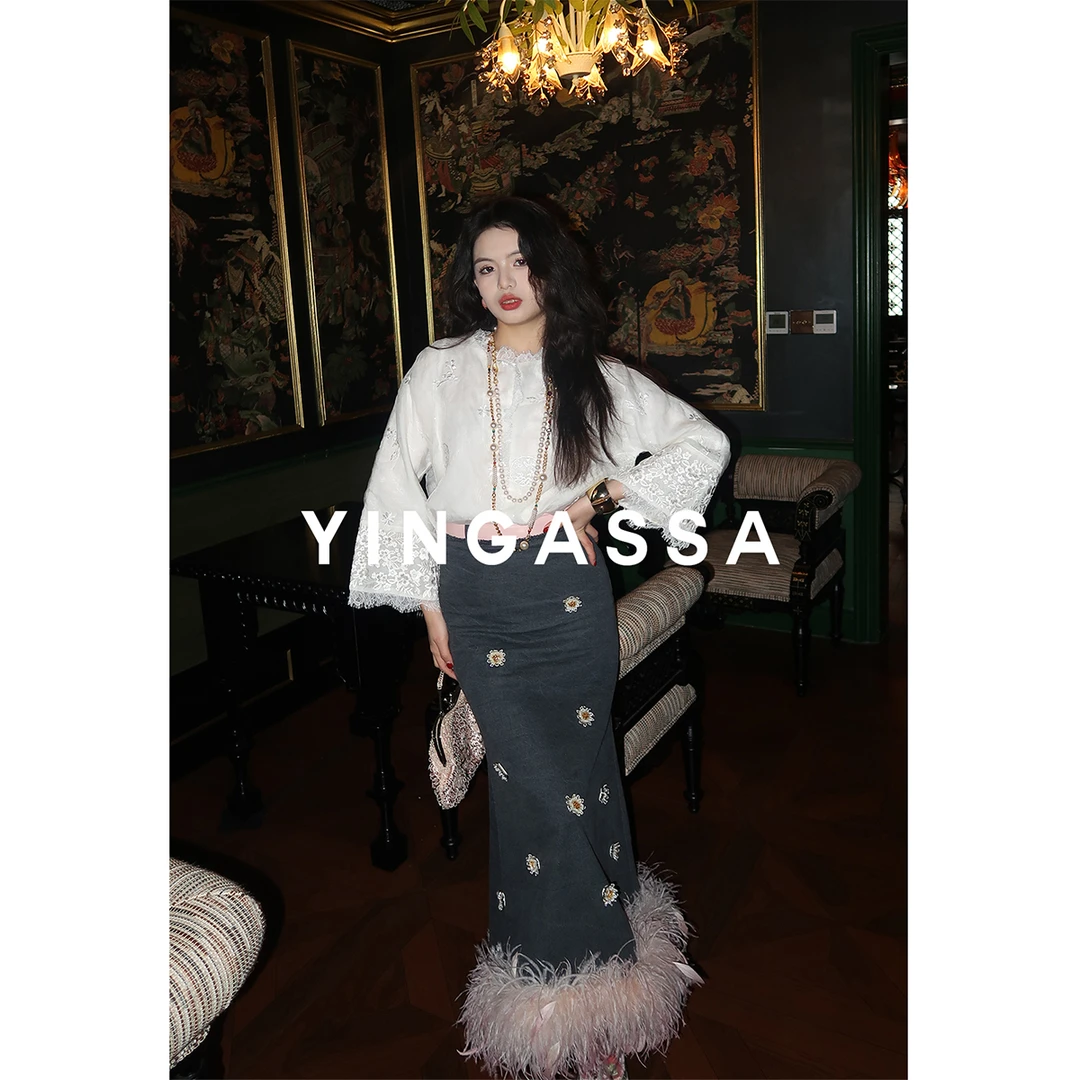YINGASSA【灰色花园】原创设计重工天花板刷色驼鸟毛钉珠刺绣半身裙