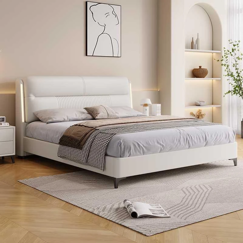 齐边小户型轻奢头层牛皮真皮床1.8米双人主卧床 现代高端欧式婚床