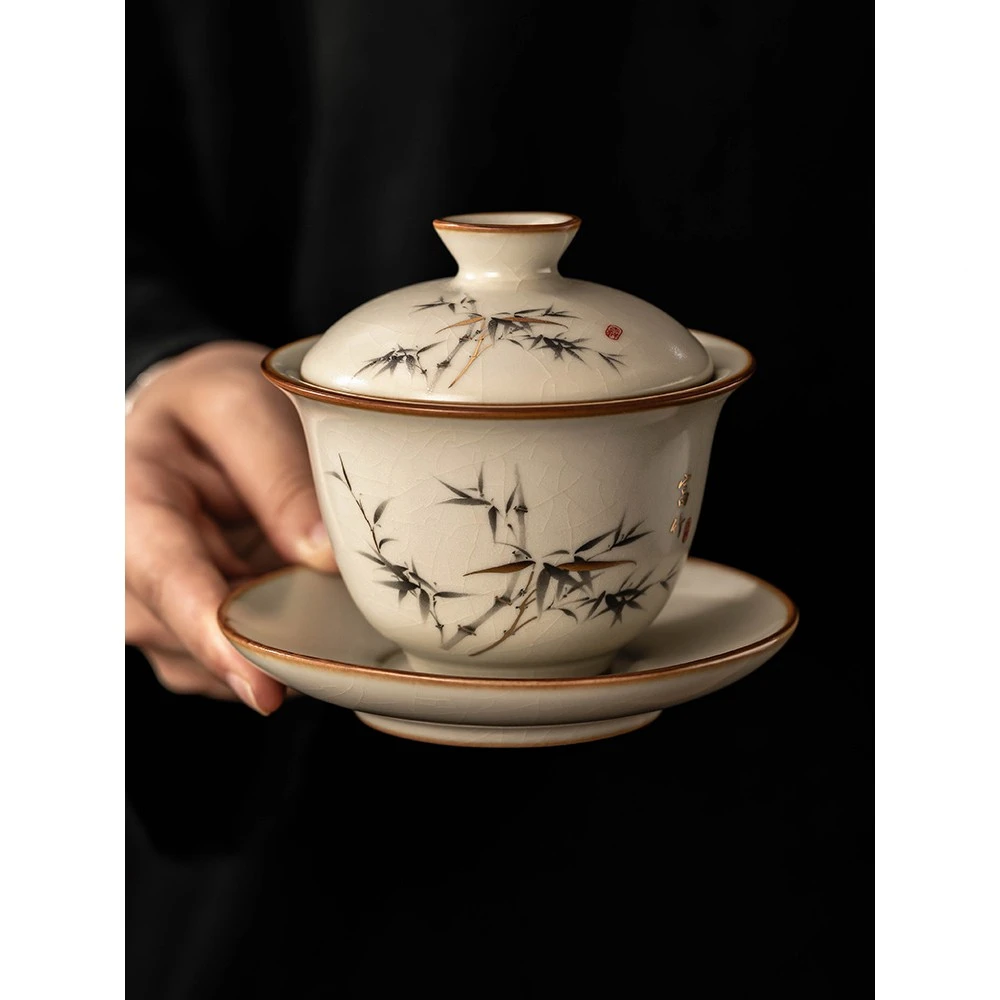 富竹汝窑三才盖碗带盖家用功夫泡茶碗大容量不烫手陶瓷敬茶碗