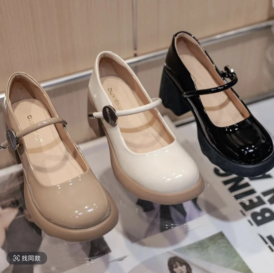 LP2025新款玛丽珍鞋单鞋女鞋气质百搭高跟浅口跟鞋圆头厚底皮鞋