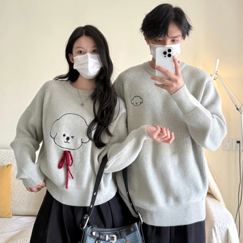 2025年秋季新款慵懒感软糯显瘦圆领套头毛衣情侣装立体蝴蝶结上衣