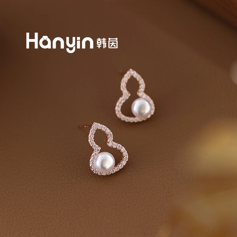 铜合金合成锆石耳饰 925银针重工镂空微镶葫芦圆珠耳钉AAA