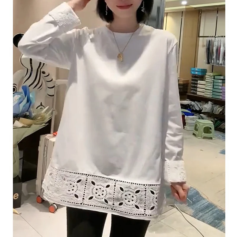 大码时尚欧货蕾丝拼接长袖T恤女2025春季新款微胖mm遮肉打底上衣