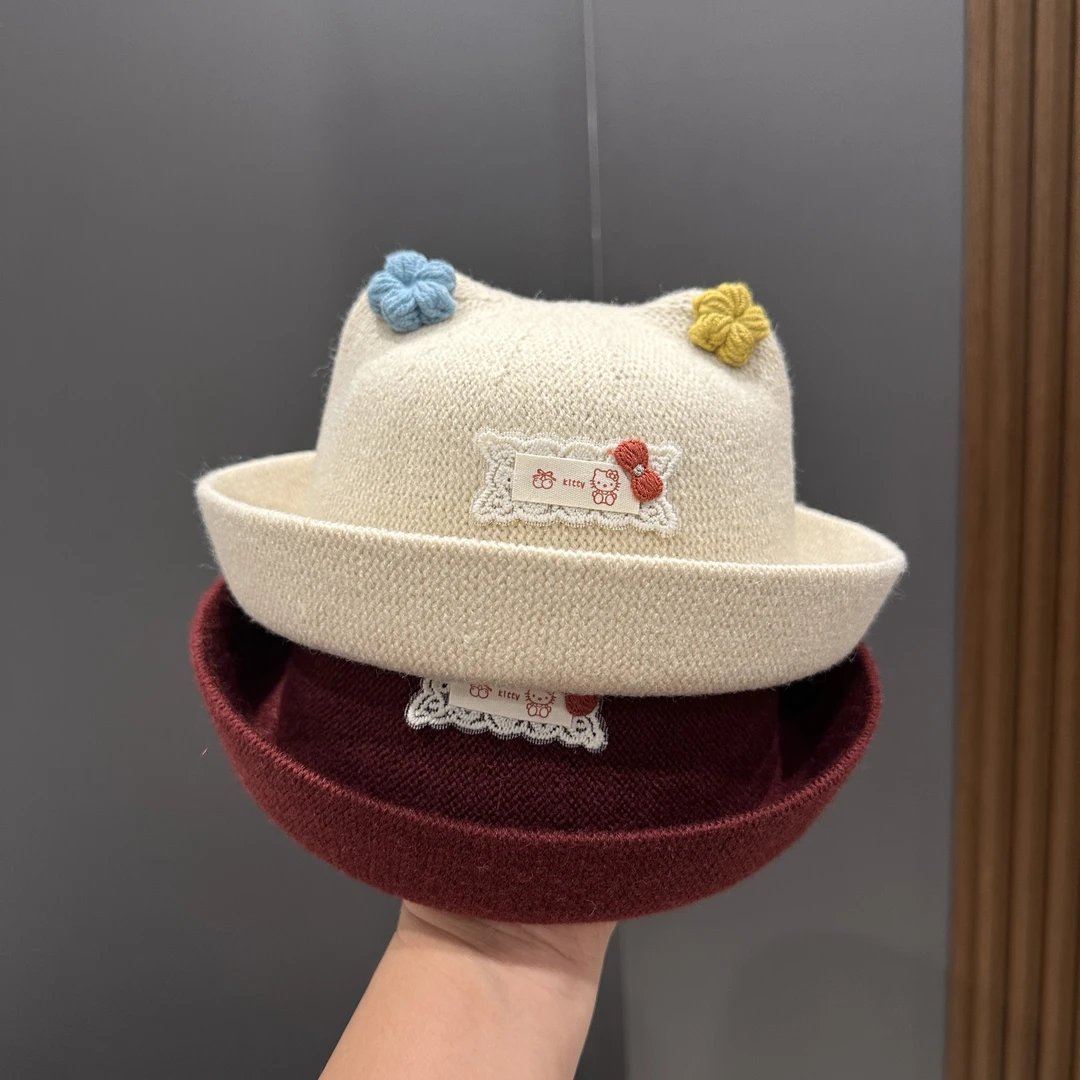 【双倍可爱】ins女童秋冬洋气小布标毛呢编织渔夫帽户外儿童盆帽潮