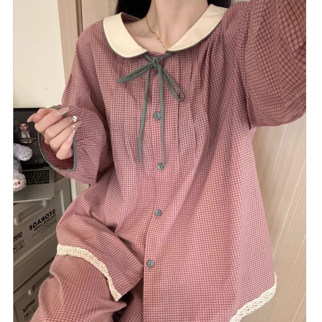 复古甜美蝴蝶结系带娃娃领睡衣女春秋新款亲肤舒适长袖长裤家居服