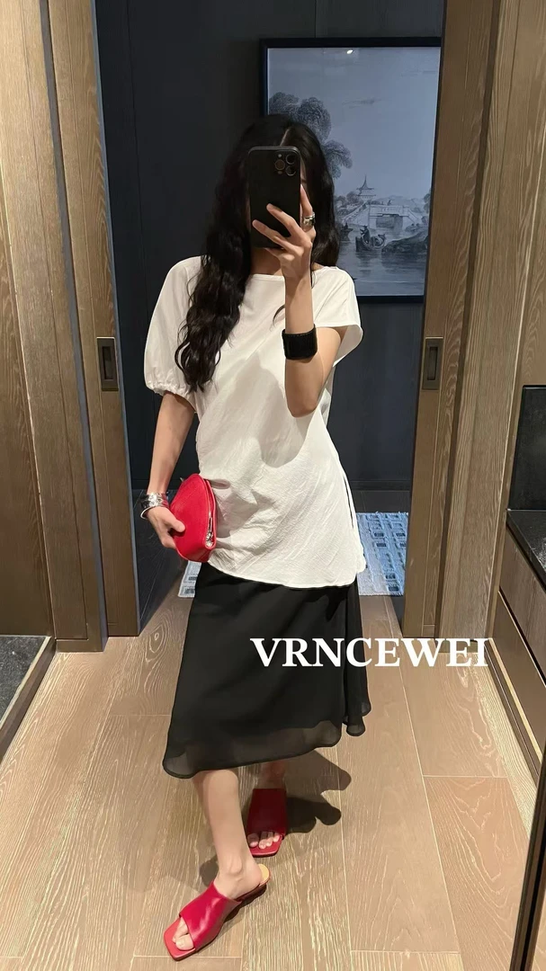 福秒-不规则袖口！腰间打褶设计松弛斜肩上衣（657R0156#）VRNCEWEI