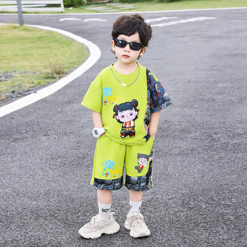 男童哪吒潮酷夏季薄款卡通风夏季男套装时髦时尚网红夏装两件套