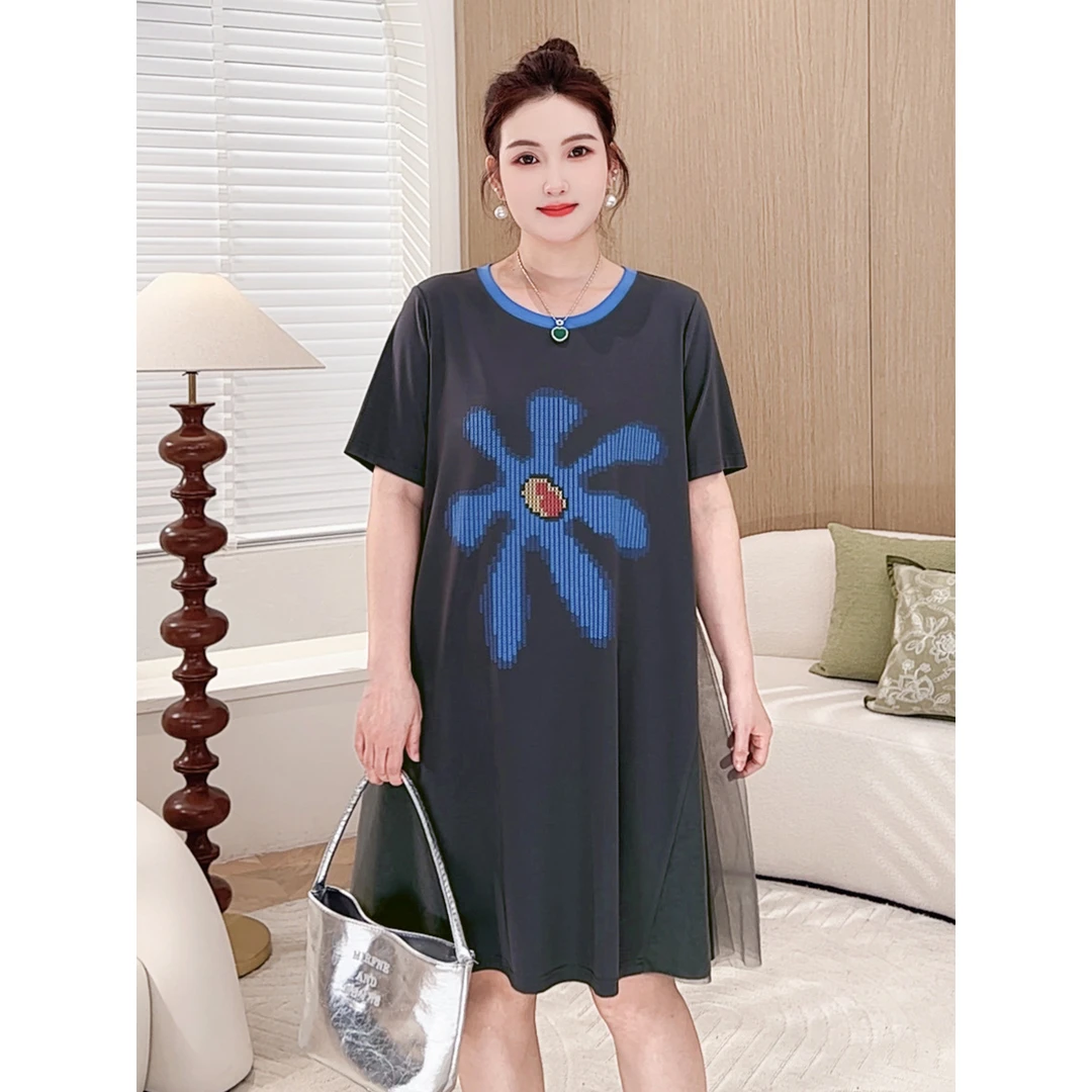 【霓语浮香】MsShe大码女装新款夏网纱撞色短袖T恤连衣裙T~E2506054