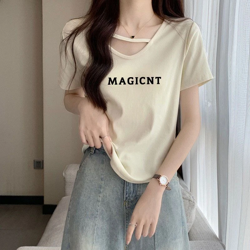 95棉正肩v领短袖t恤女韩版纯欲风修身显瘦遮肉遮肚子慵懒百搭上衣