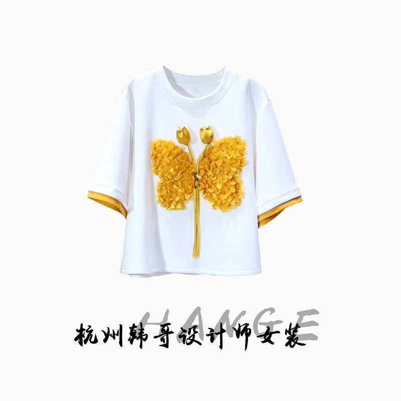 【韩哥女装】2025欧版月光白撞金叶黄盘花圆领时尚休闲短袖7916-C2