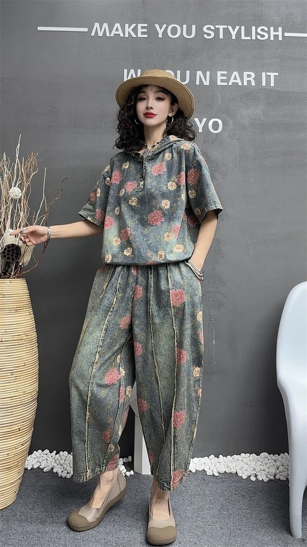 2025年新款短袖夏季牛仔套装靓女复古印花连帽时尚洋气两件套薄款