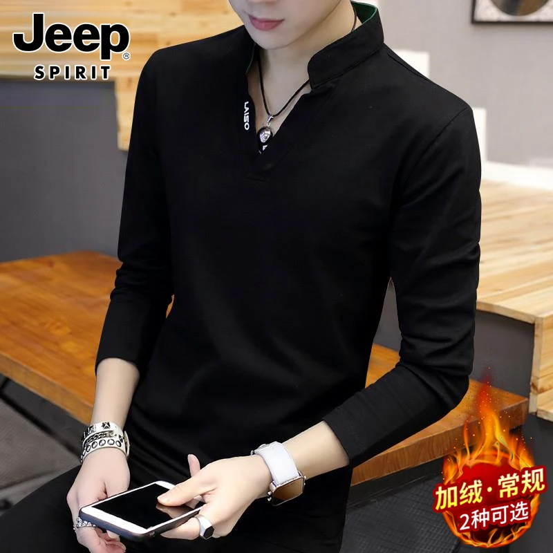 Jeep吉普长袖t恤男士秋季修身立领打底衫polo衫青年百搭潮流上衣