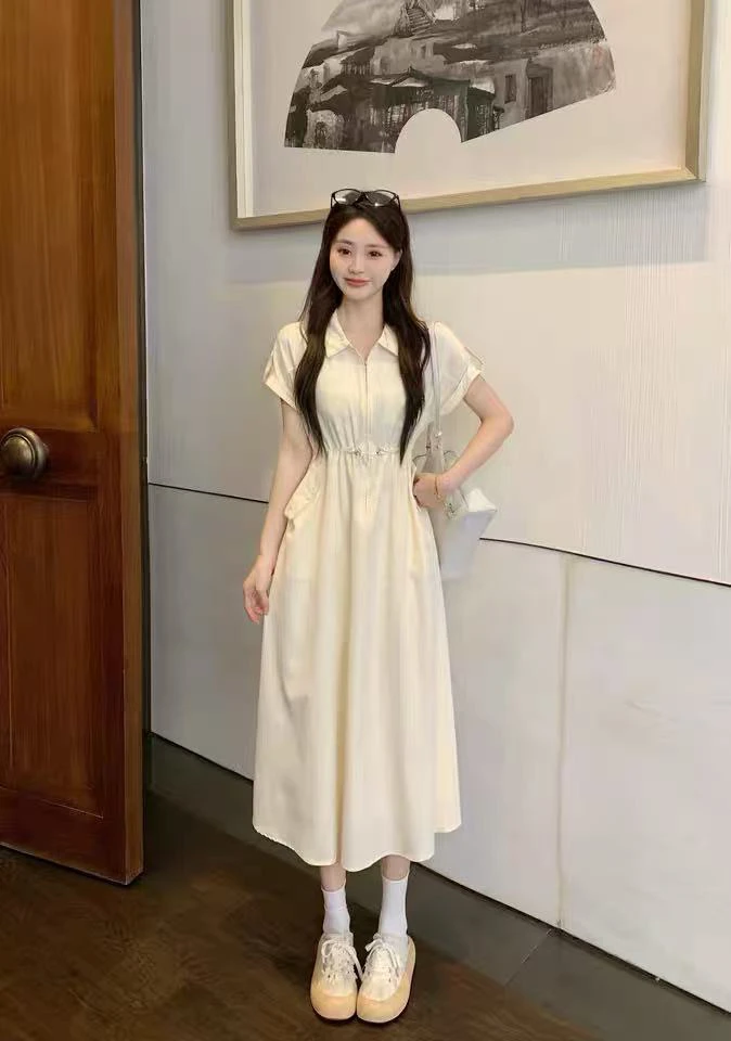 工装连衣裙收腰显瘦POLO领长裙夏季新款时尚气质连衣裙