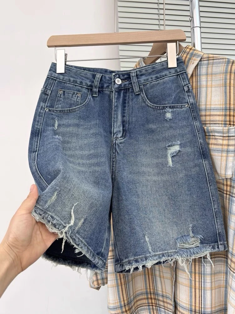 破洞牛仔短裤女2025夏季薄款松紧高腰显瘦百搭宽松胖mm大码五分裤