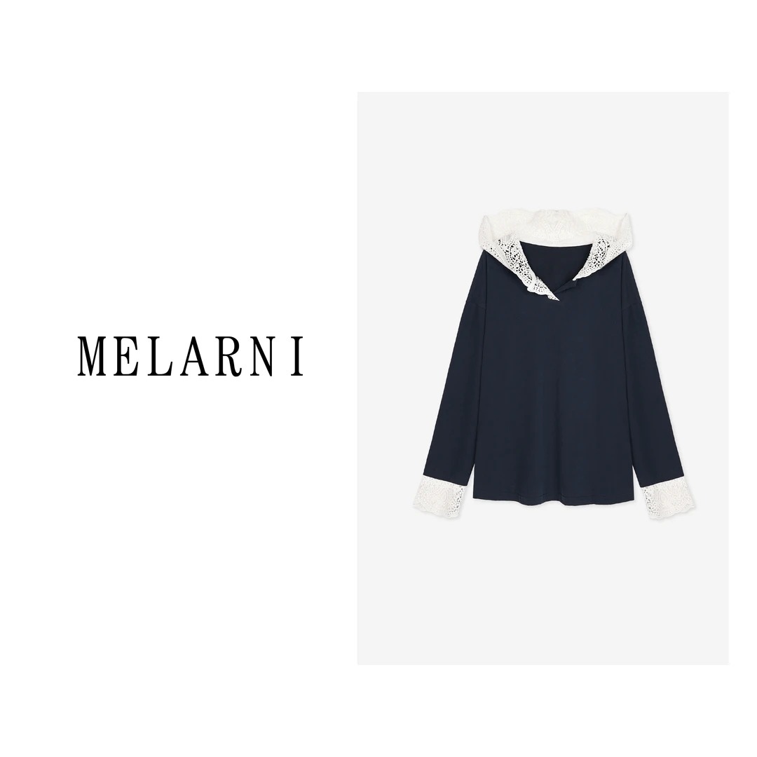 【MELARNI】蕾丝边帽衫气质长袖时尚休闲设计师重工拼接MLN11824
