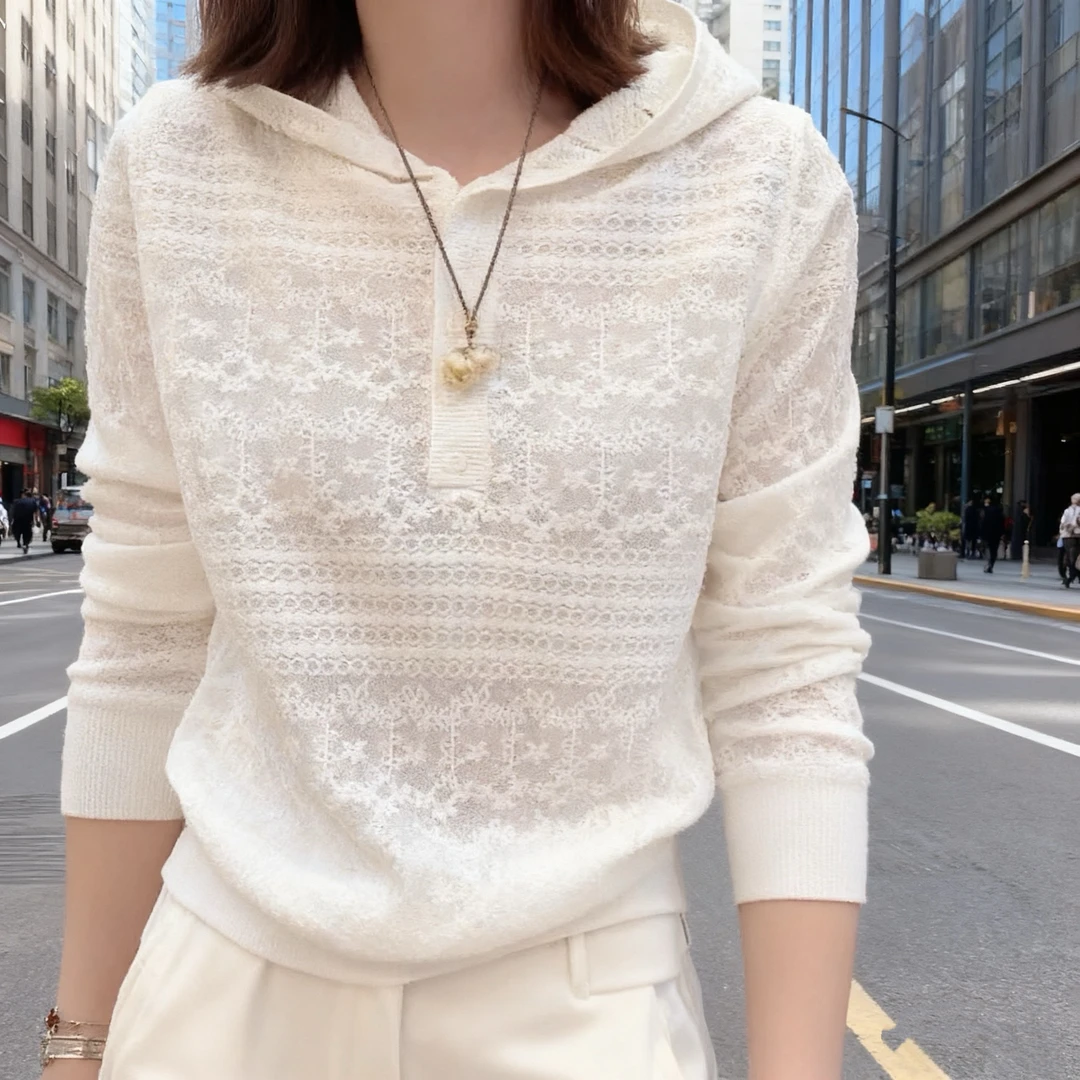 时尚白色宽松连帽针织衫女2025秋冬新款百搭套头慵懒风打底衫上衣