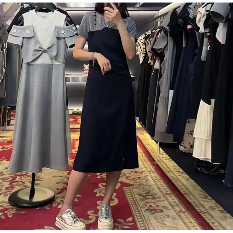 2025新款洋气夏日轻奢爆款双肩设计女装拼接假两件收腰显瘦连衣裙
