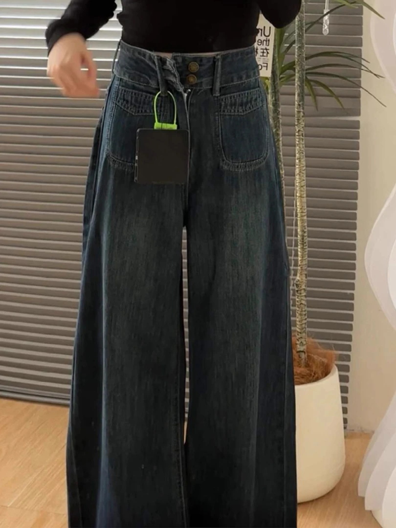 美式复古做旧宽松阔腿牛仔裤女秋冬高腰直筒显瘦垂感梧桐拖地裤子