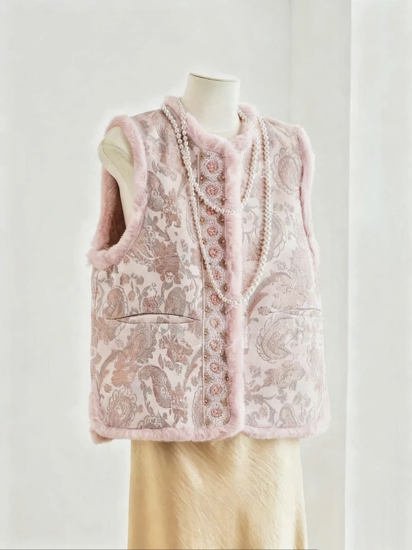 秋冬季新款潮流休闲风刺绣拼接夹棉保暖马甲中式宽松气质穿搭女装