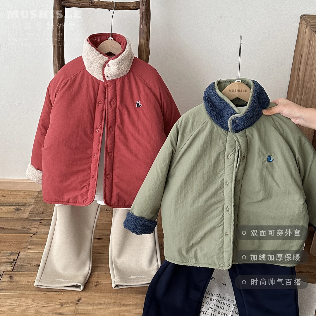 阿又冬季童装儿童男童中大童亲子双面穿翻领棉服99226D