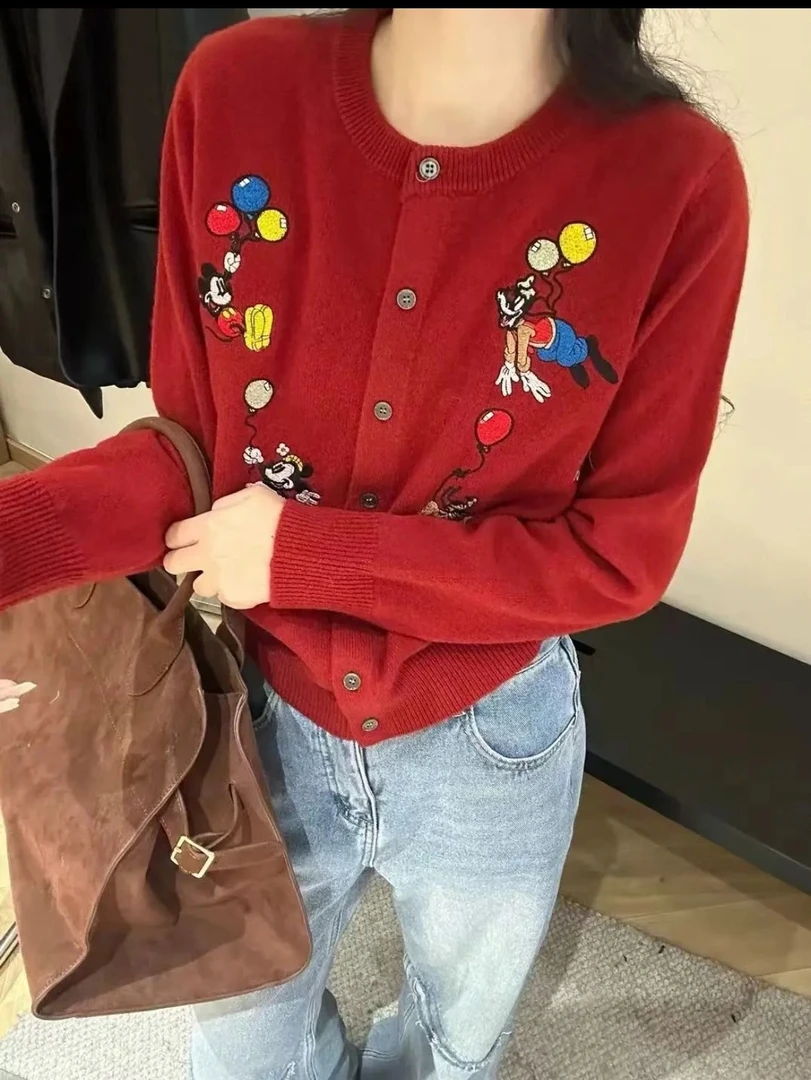 韩系卡通刺绣长袖针织开衫上衣2025春女秋冬休闲洋气减龄毛衣外套