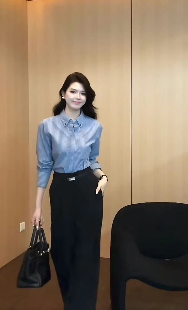 少量现货【雨月雾屿】设计感高级时尚小众显瘦长袖条纹衬衫0912款