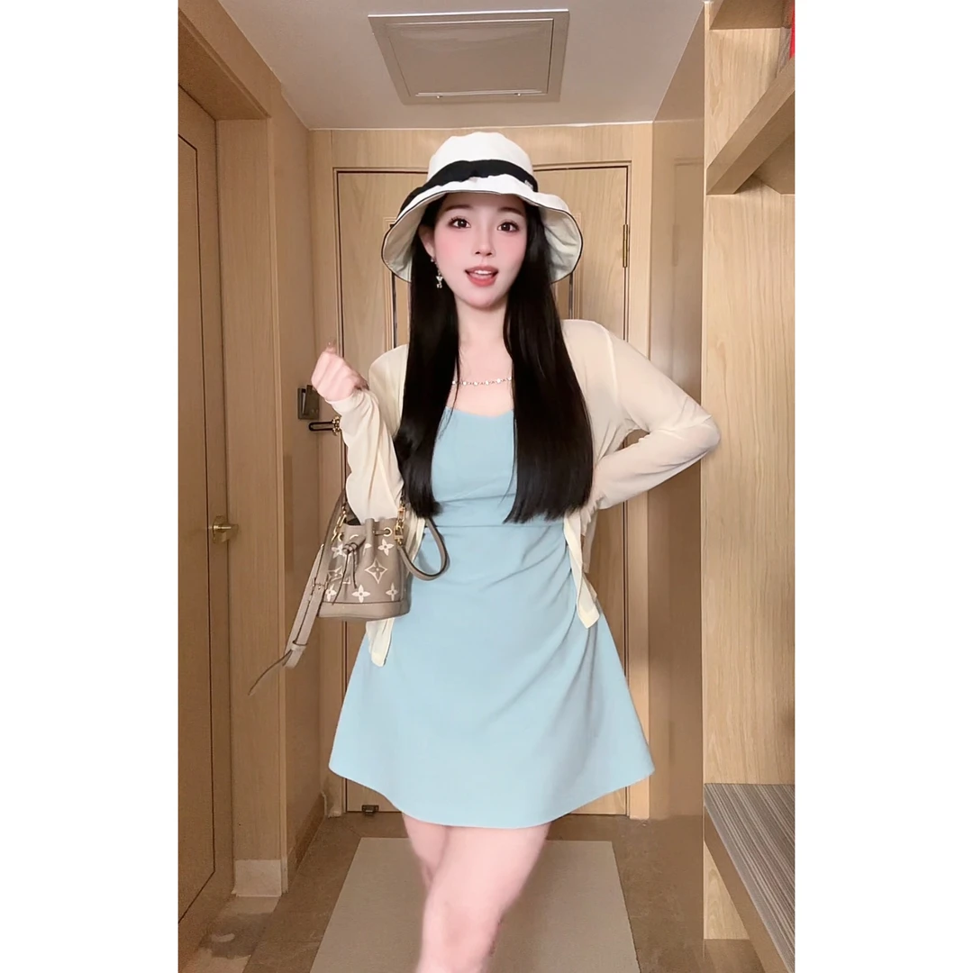 【现货】胖mm夏季时尚纯欲气质吊带连衣裙女收腰显瘦A摆裙子05032