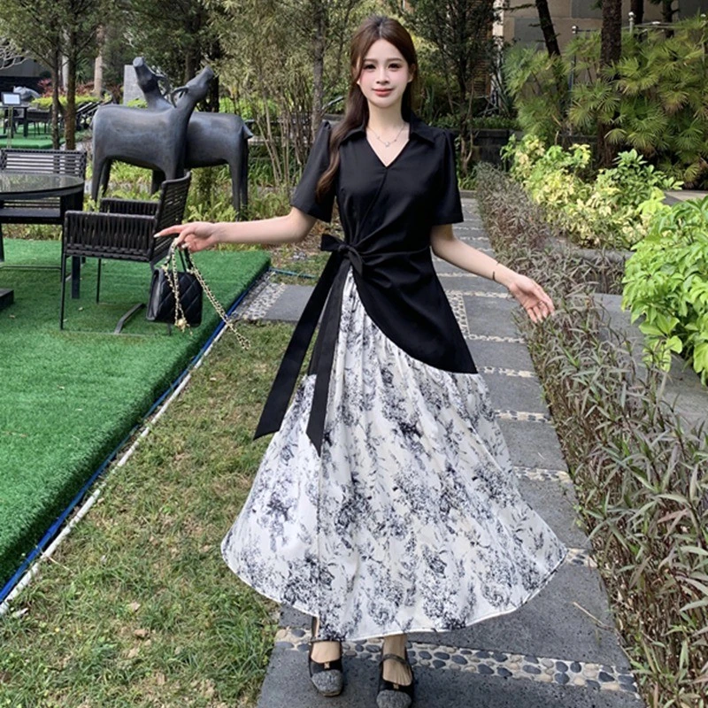 长裙子不规则拼接复古碎花连衣裙夏季大码胖mm新中式气质短袖法式