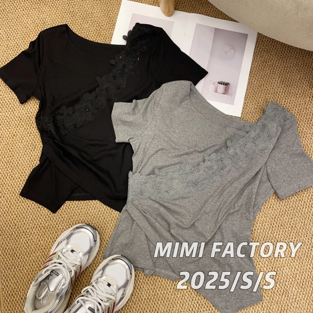 芈芈 2025夏季新款 重工蕾丝褶皱短袖T恤女修身时尚上衣4442#