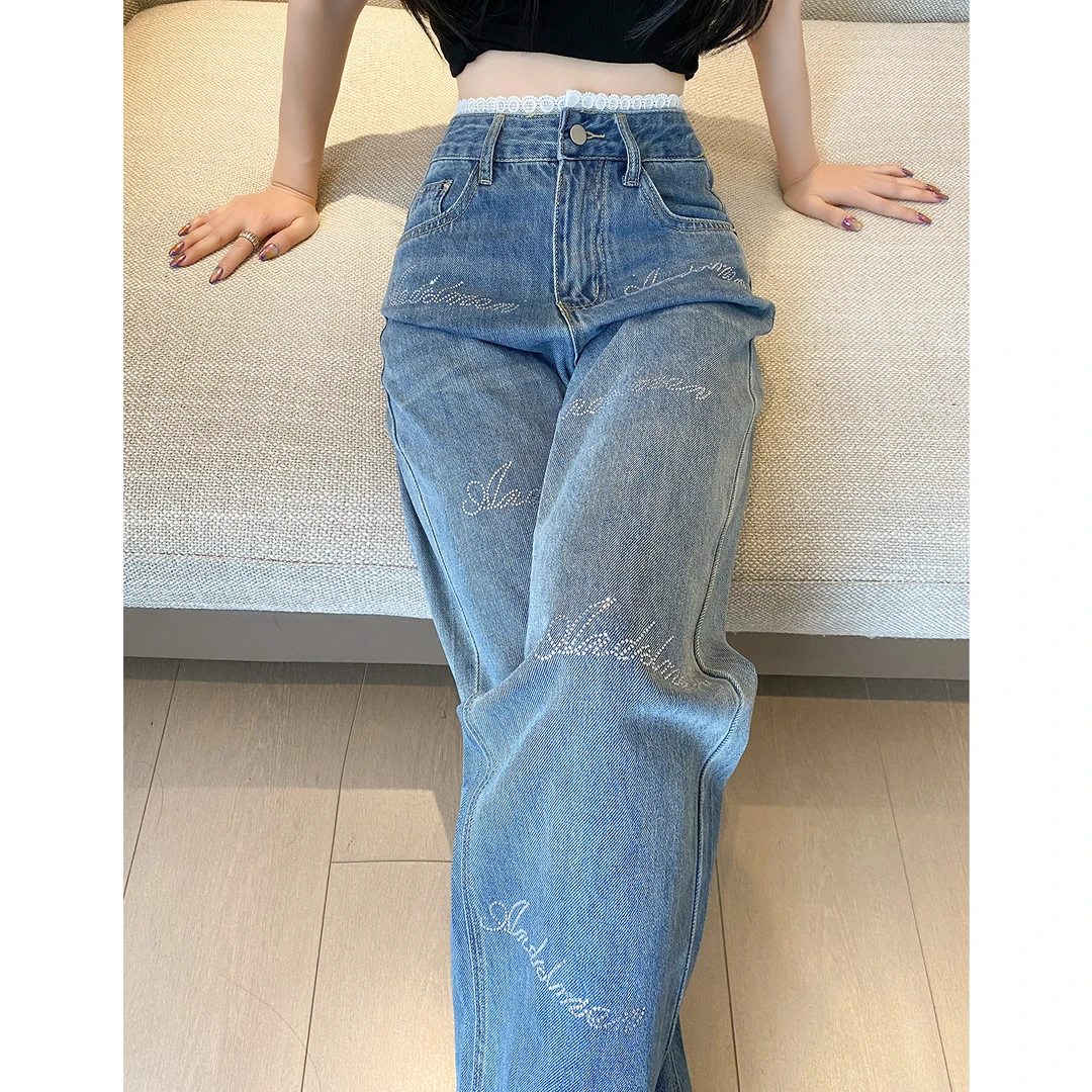 2025春季新款洋气辣妹腰部拼接时尚渐变色直筒高腰休闲显瘦设计感