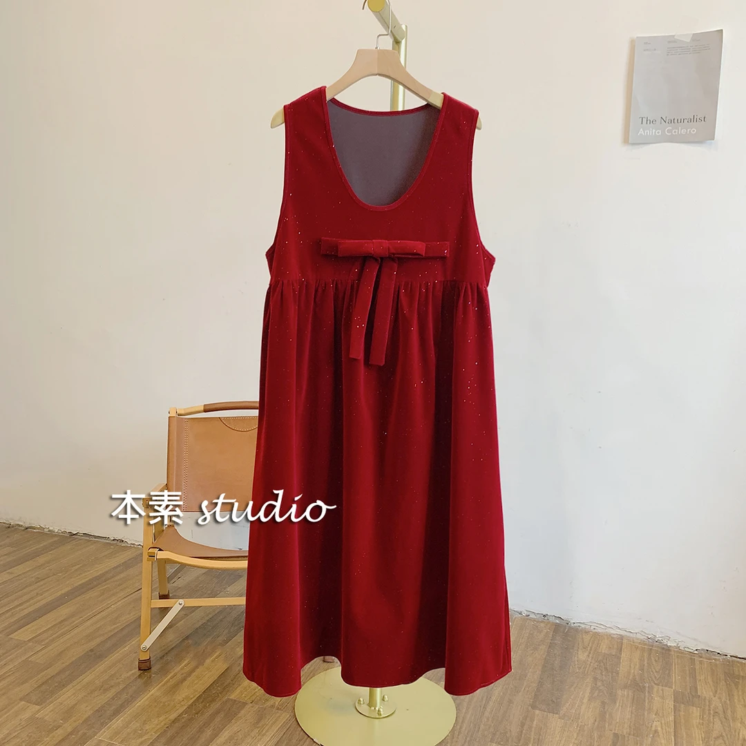 C2443亮片蝴蝶结仿丝绒圆领背心裙