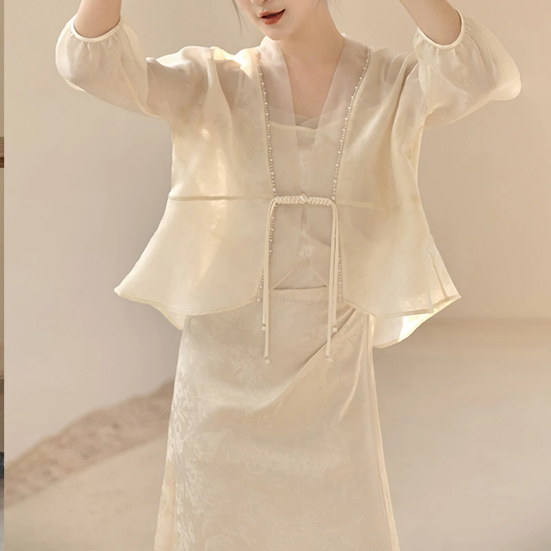 2025年夏季新款改良版新中式优雅气质复古日常外披吊带裙两件套装