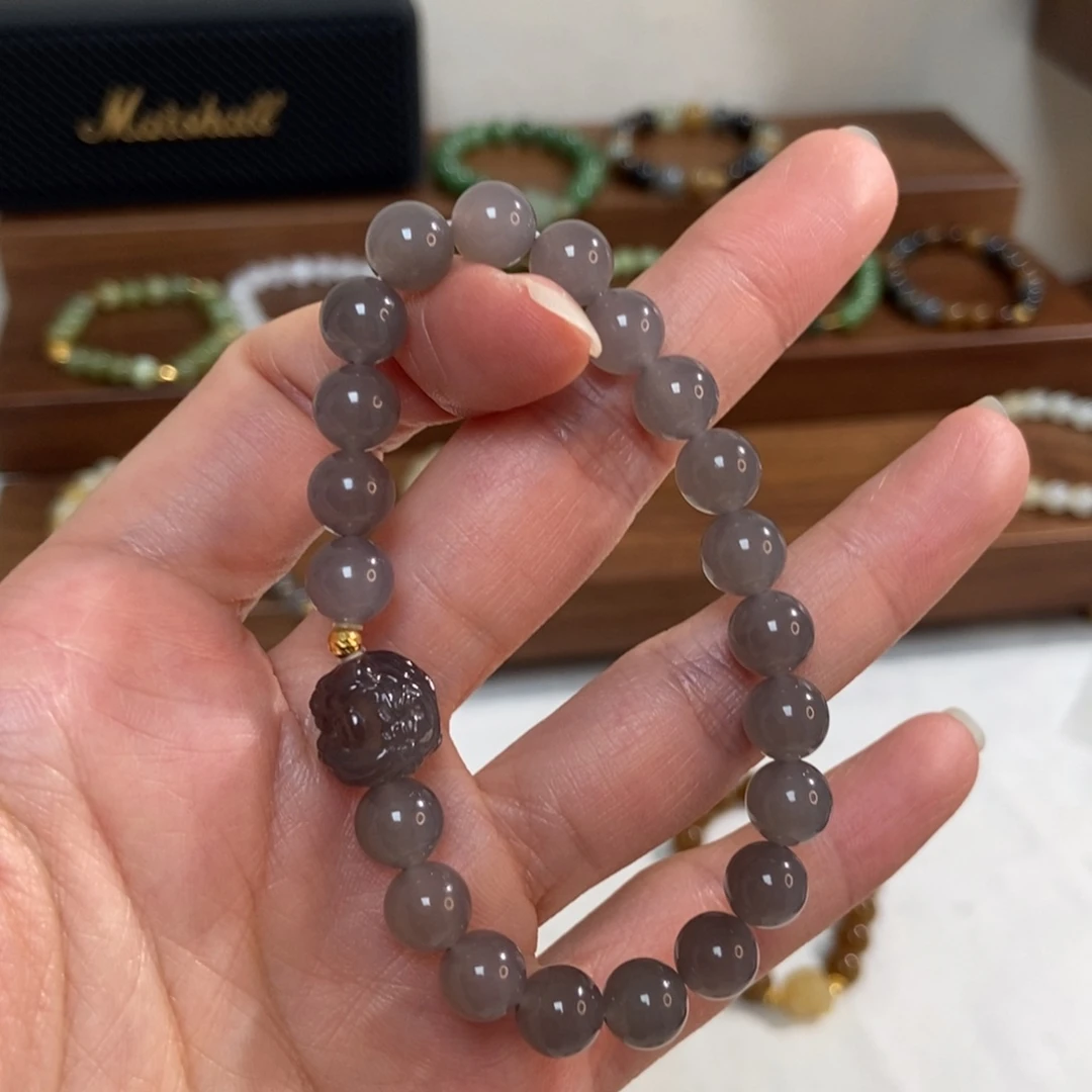 和田玉18K金镶嵌手链8mm冰底烟紫