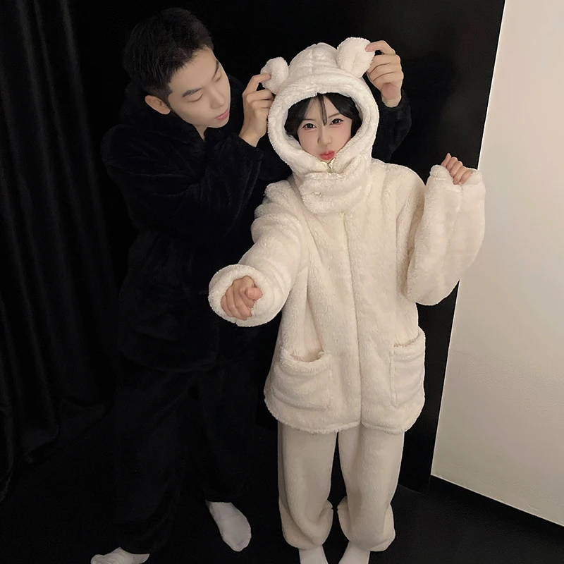 情侣睡衣女秋冬季珊瑚绒加绒加厚青少年黑色可外穿男士家居服套装