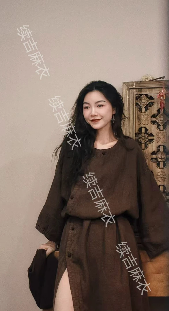 秋-续吉麻衣25-2194汉麻圆领长袖复古宽松纯色中长款大袍子