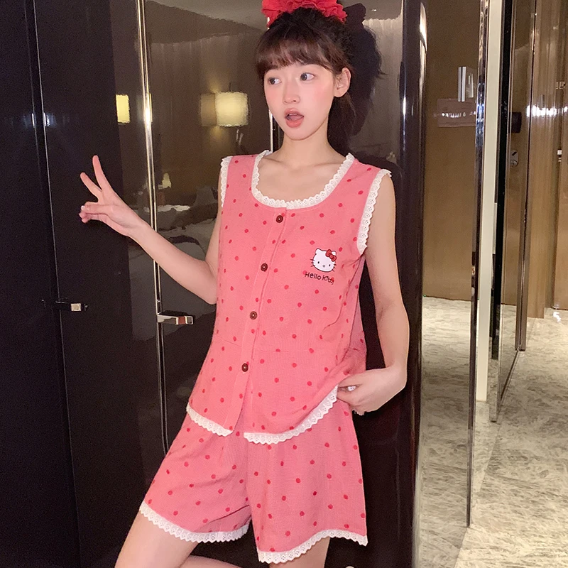 带胸垫纯棉睡衣女夏无袖短裤可爱甜美卡通梭织布KT猫网红风家居服