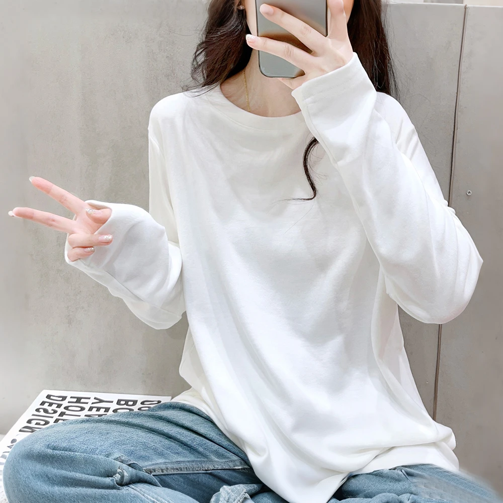 磨毛亲肤长袖T恤女秋冬宽松百搭显瘦休闲慵懒松弛感圆领德绒上衣