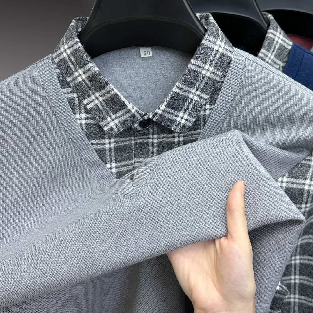 John Bunni高档假两件长袖T恤男士春秋季新款商务休闲打底衫上衣