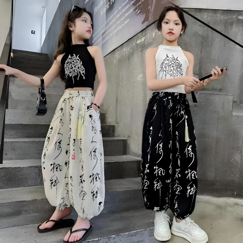 儿童夏季薄款国风哈伦裤2025冰丝防蚊裤女童夏季冰凉宽松洋气潮牌