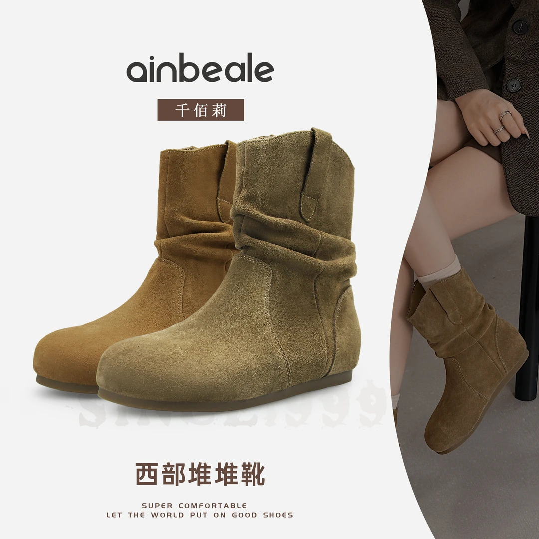 千佰莉冬季新款真皮平底西部堆堆靴勃肯靴单靴3396