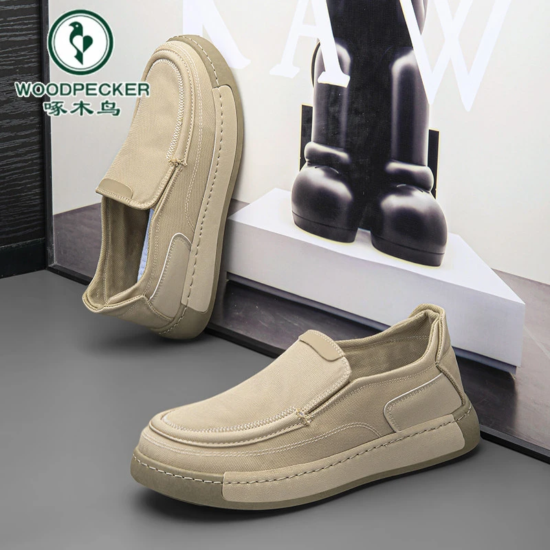 啄木鸟官方正版一脚蹬男鞋冬季加厚帆布板鞋男轻便软底运动休闲鞋