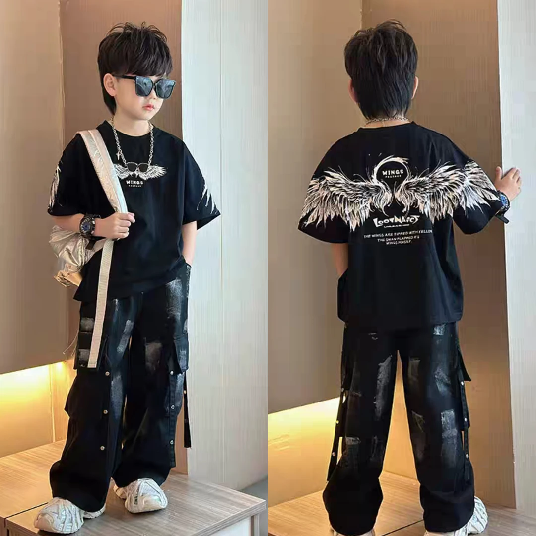 男童夏季短袖翅膀T恤套装2025新款儿童夏装两件套中大童帅气衣服