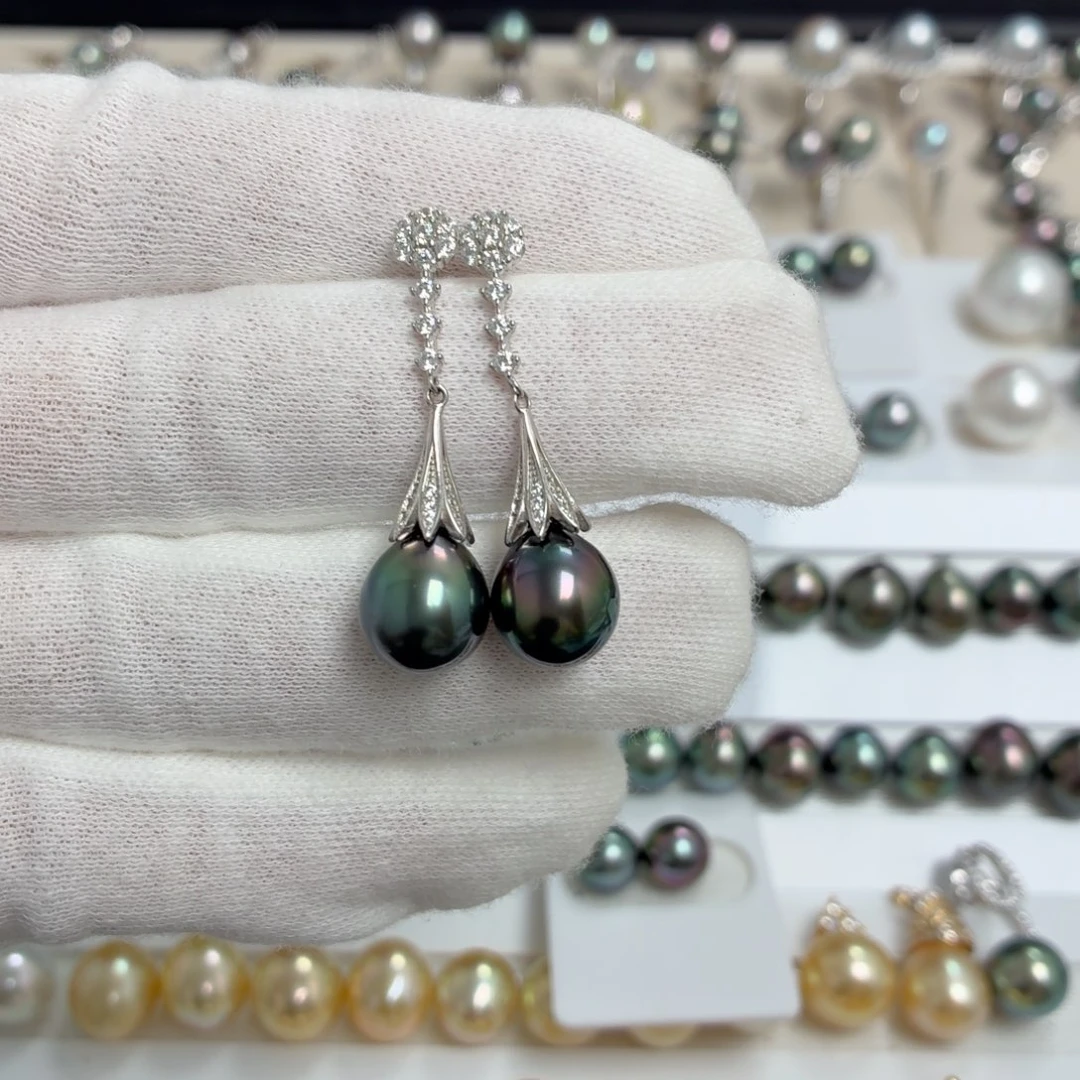 银S925镶嵌海水珍珠耳坠炫彩水滴耳坠