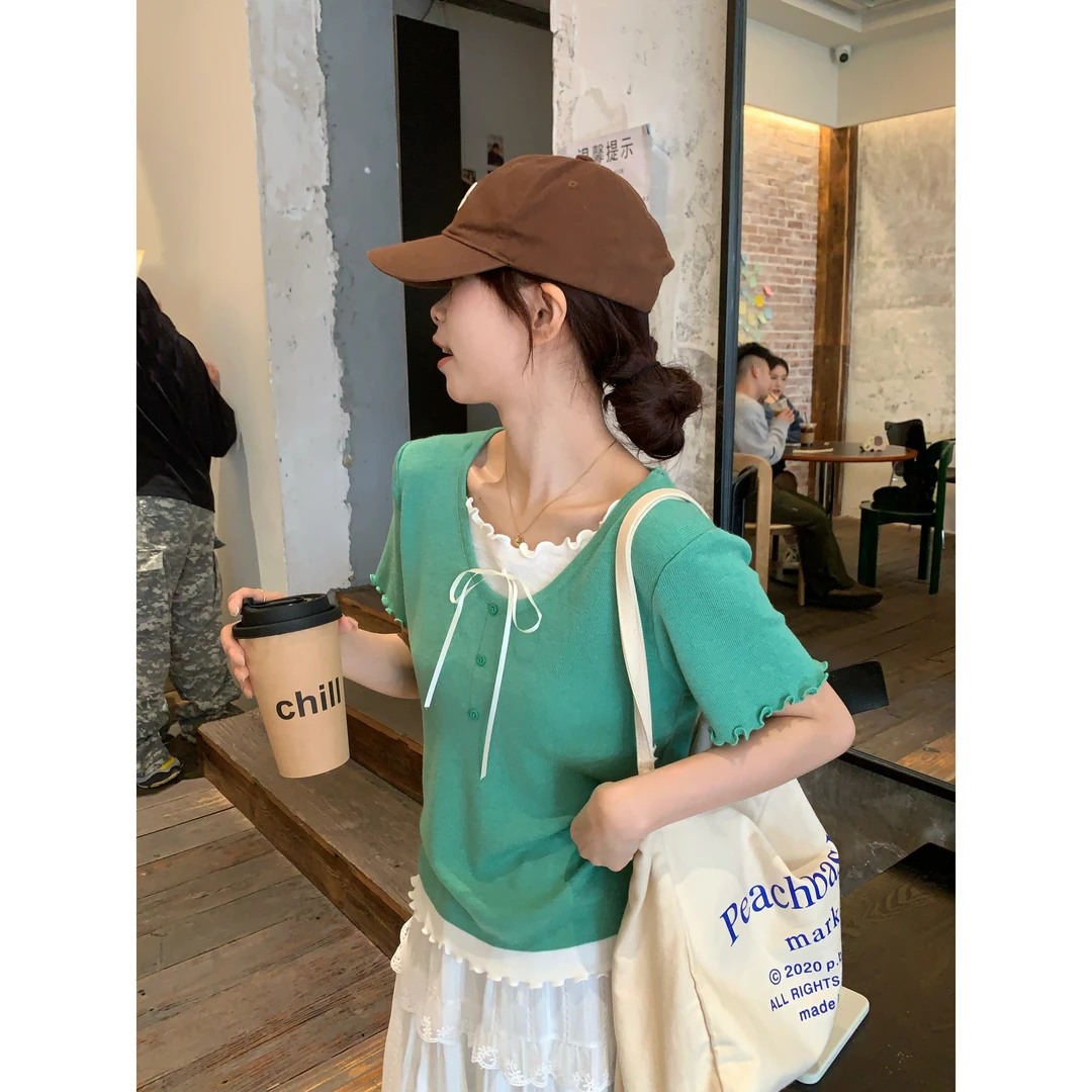 【C·Cai】日韩系撞色木耳花边假两件针织衫080#百搭叠穿显瘦上衣