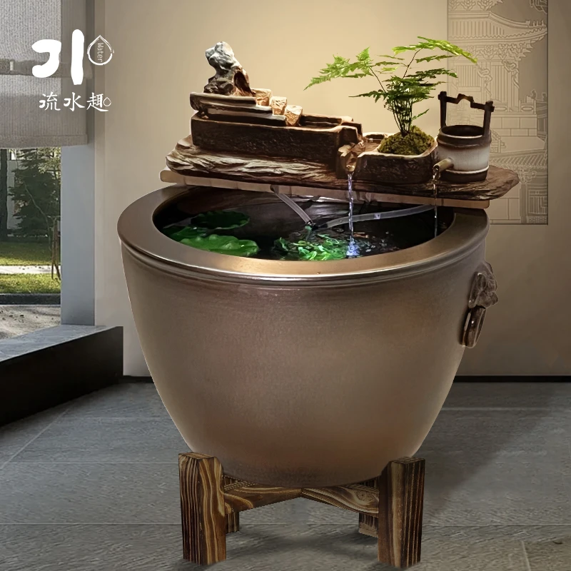 陶瓷古法鱼缸流水摆件循环水流水器睡莲缸古法养鱼生态缸