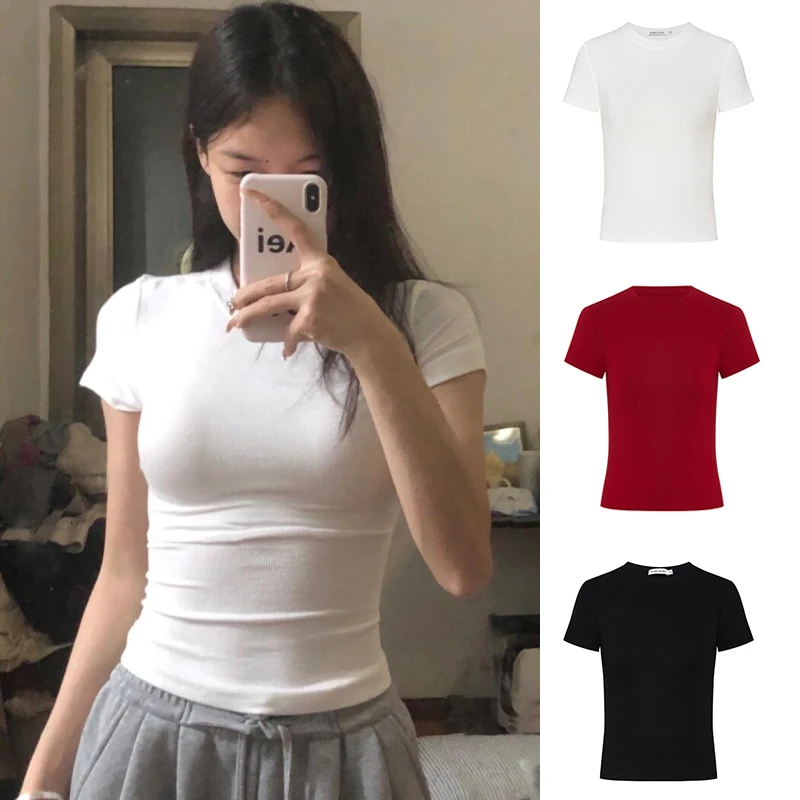 纯欲白色正肩短袖t恤女夏季甜辣妹短款纯色显瘦修身圆领紧身上衣