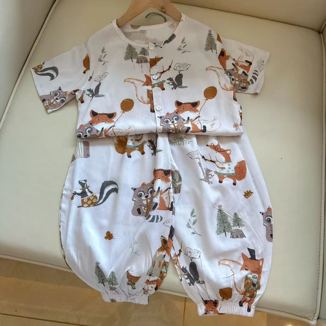 37小狐狸25棉绸国风潮童半袖长裤灯笼裤男童女童家居服外穿套装