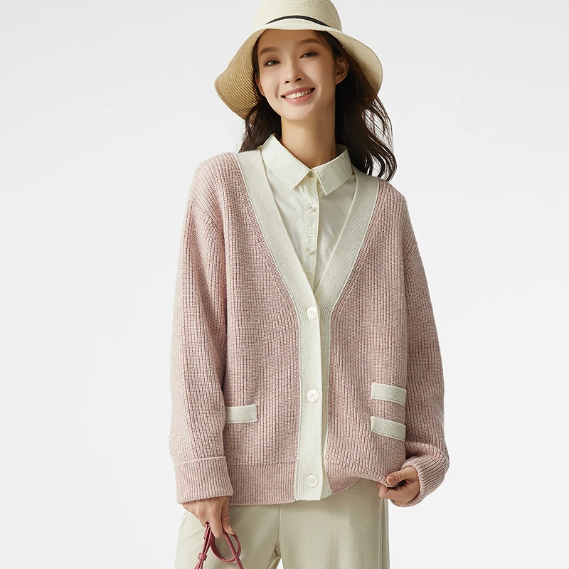 布景女2025年春季新品V领针织开衫毛衣外套毛针织衫BW41EH0212