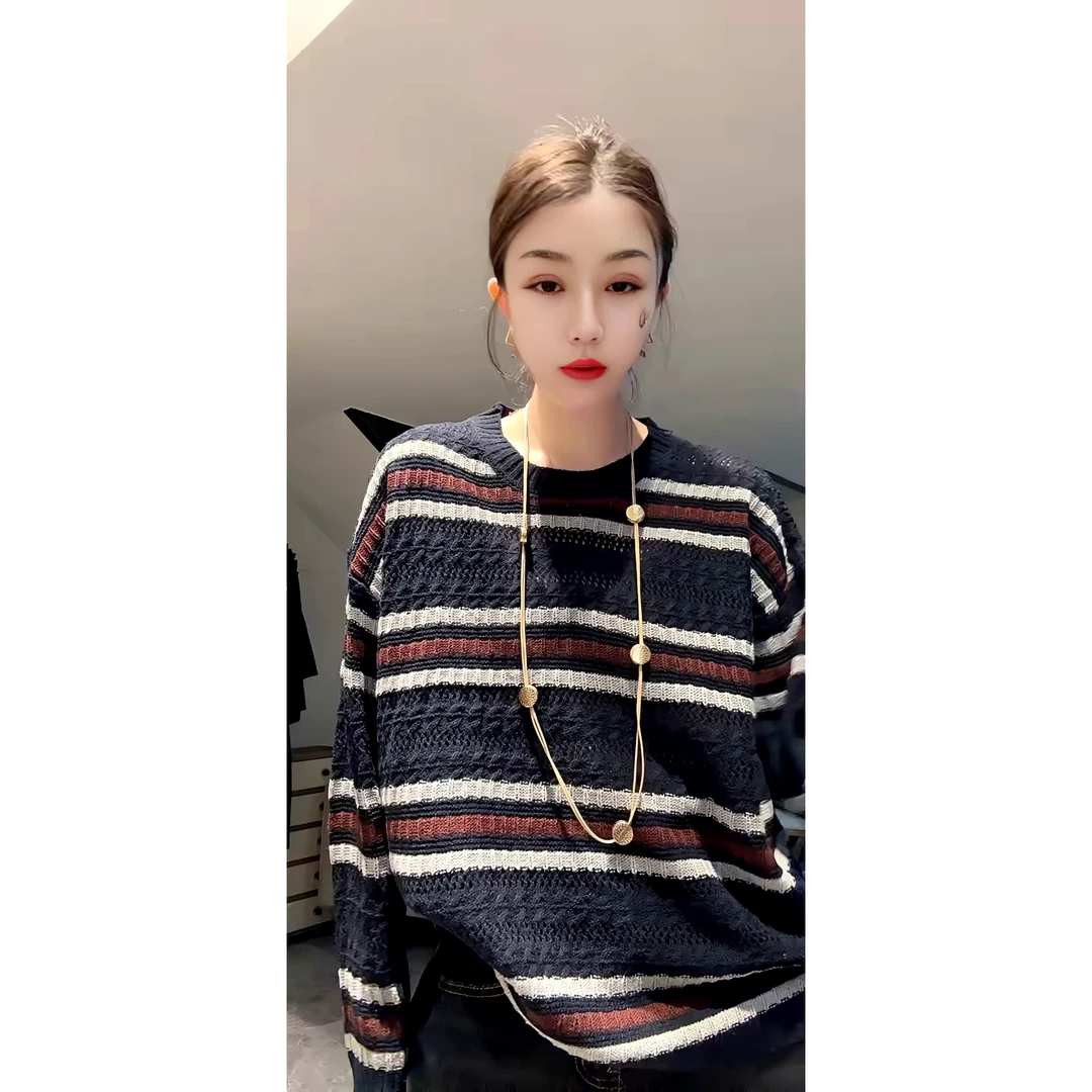 韩系慵懒风宽松复古拼色条纹圆领套头针织衫