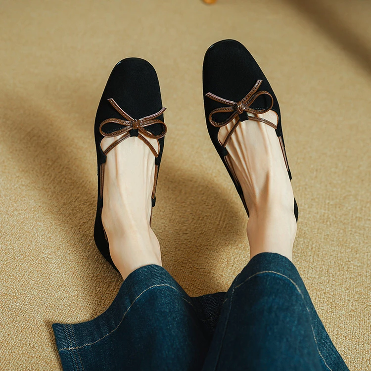 法式气质奶奶鞋温柔风仙女风晚晚鞋复古原地蝴蝶结浅口豆豆鞋